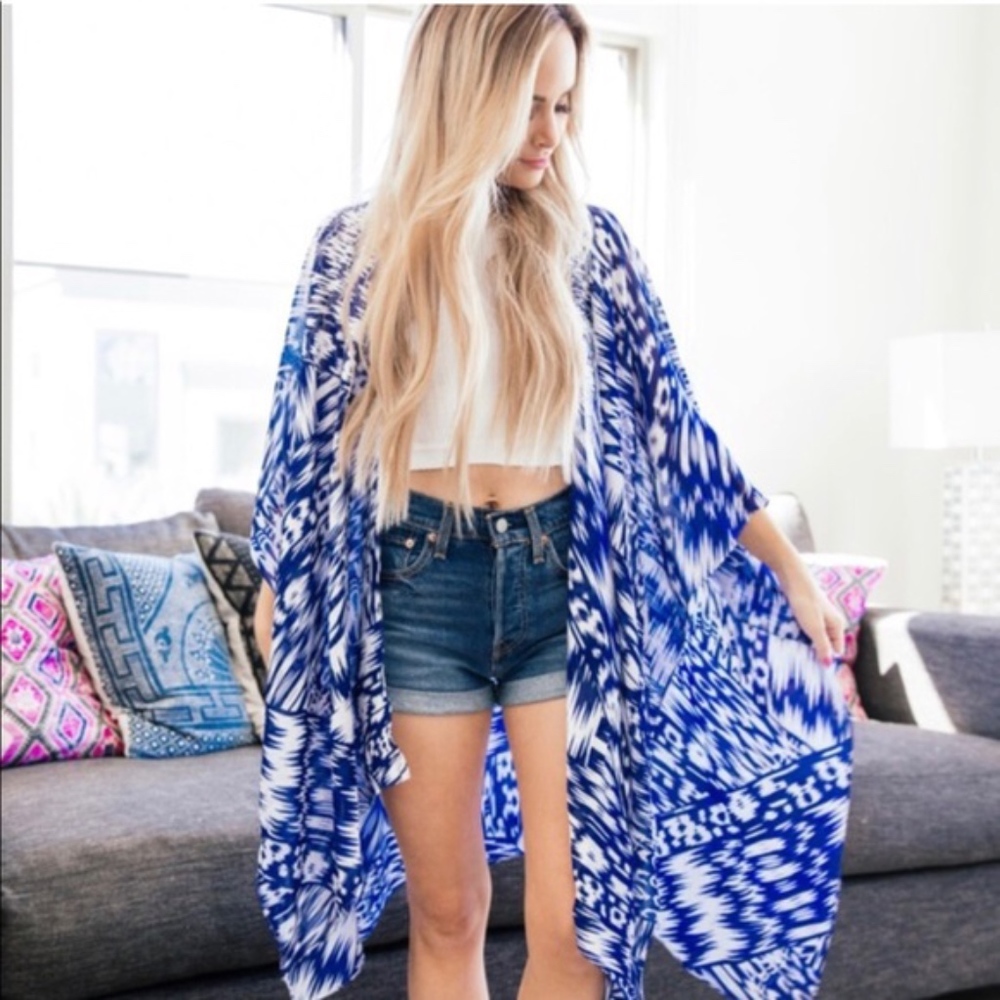 Blue and White Patterned Sarong Kimono Scarf